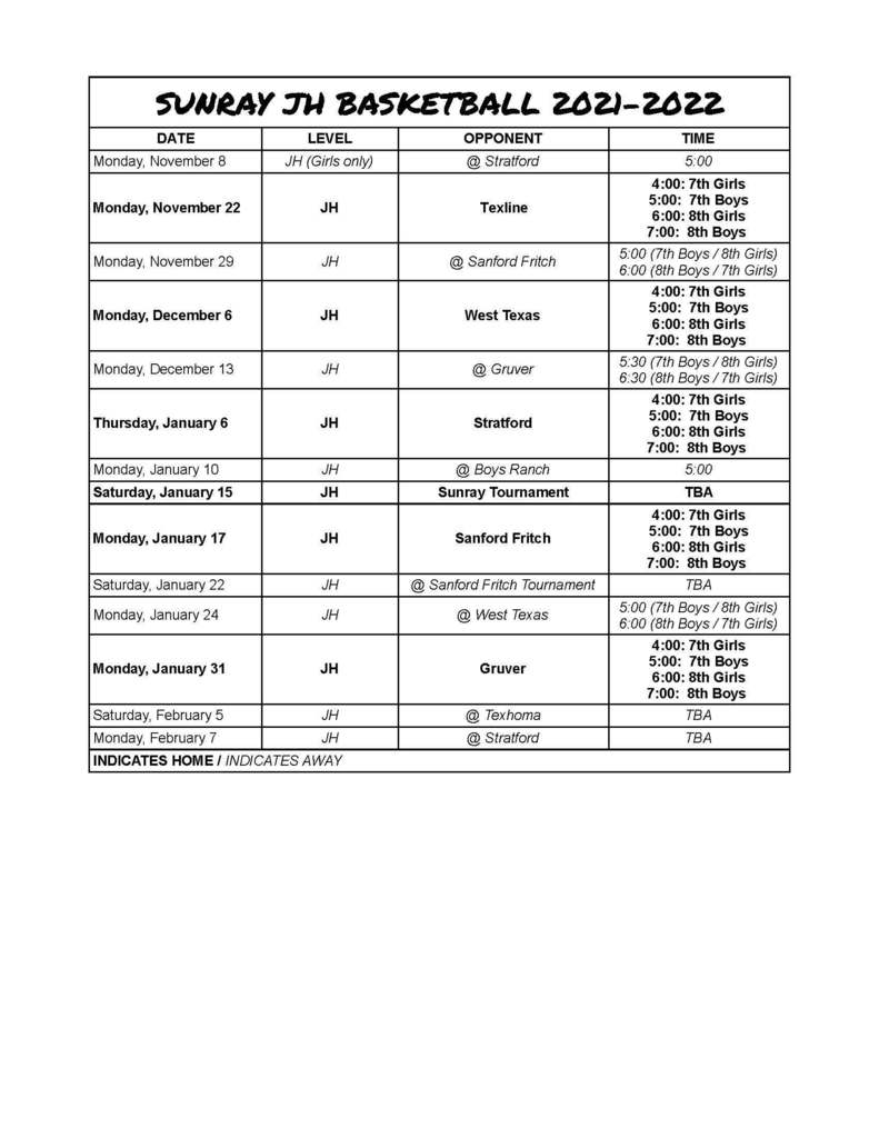 JH Basketball Schedule