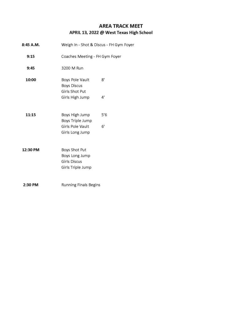 area track field event schedule